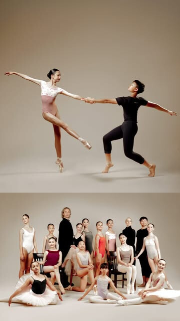 Travail de partenaire en ballet classique et portrait de groupe des danseurs et des fondateurs de T&Y.